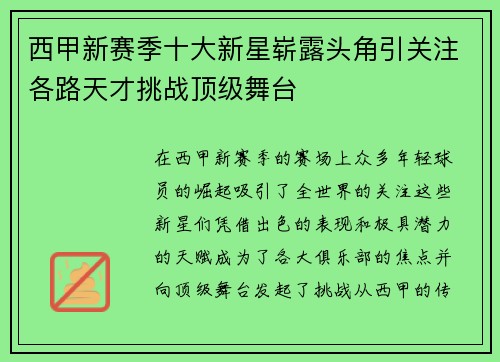西甲新赛季十大新星崭露头角引关注各路天才挑战顶级舞台
