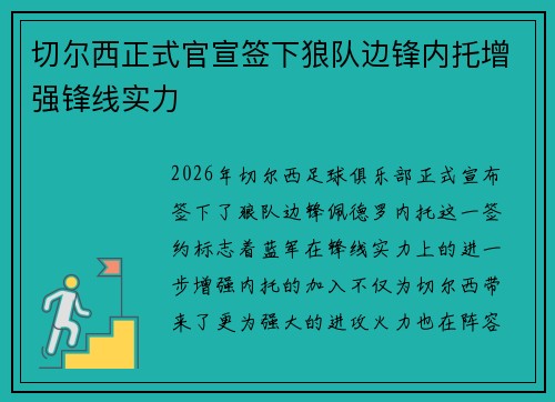 切尔西正式官宣签下狼队边锋内托增强锋线实力